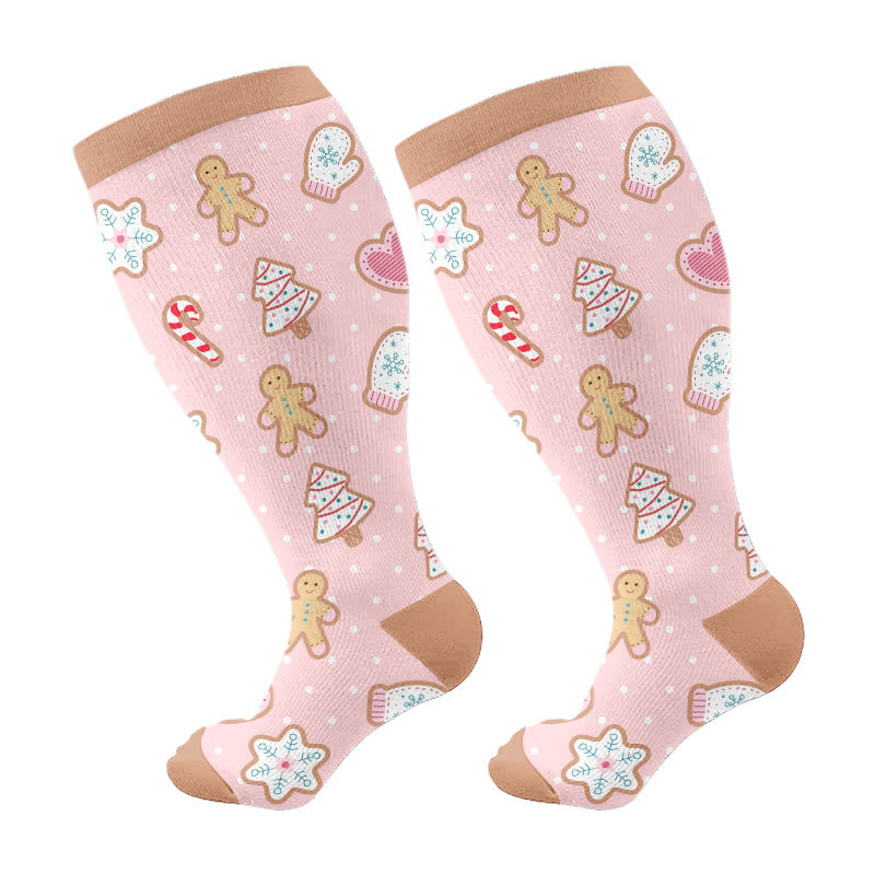 Plus Size Snowman Elk Gingerbread Man Compression Socks - Pink - 4XL - image 7