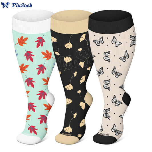 Plus Size Maple Leaf Butterfly Bear Compression Socks(3 Pairs) - image 0