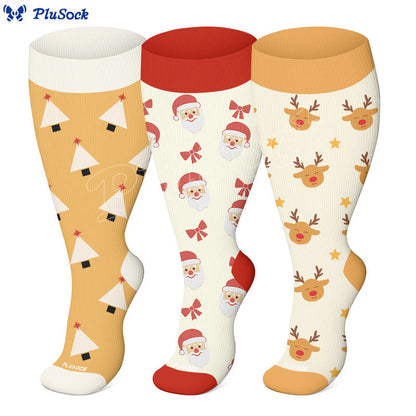 Plus Size Deer Block Tree Compression Socks(3 Pairs) - image 0
