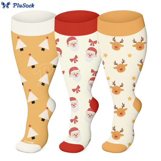 Plus Size Deer Block Tree Compression Socks(3 Pairs) - image 0