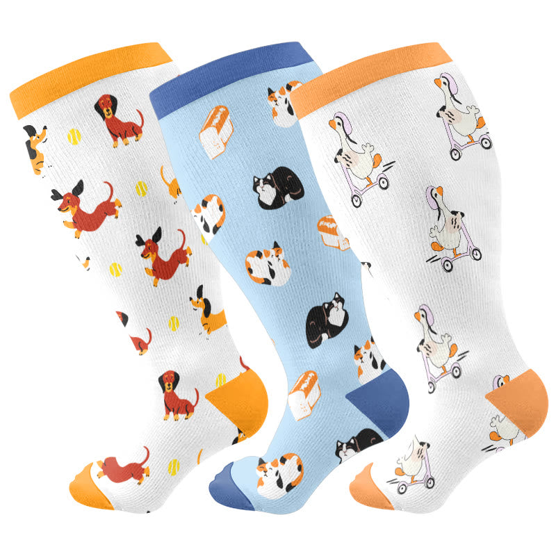 Plusock Plus Size Cats Dogs Ducks Compression Socks(3 Pairs) - Multicolor - 4XL - image 1