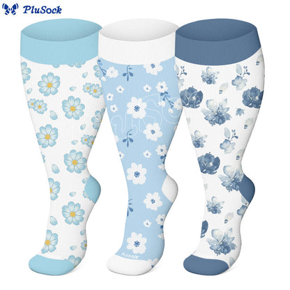 Plusock Plus Size Blue Ink Flower Compression Socks(3 Pairs) - image 0