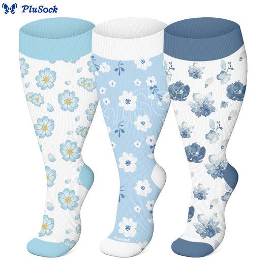 Plusock Plus Size Blue Ink Flower Compression Socks(3 Pairs) - image 0