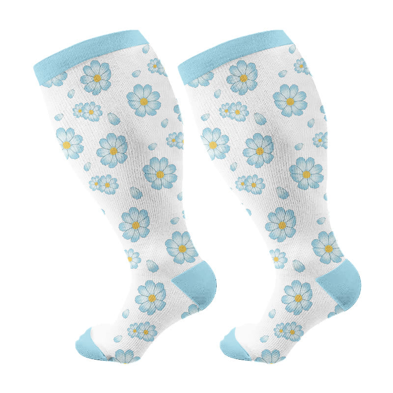 Plusock Plus Size Blue Ink Flower Compression Socks(3 Pairs) - White(1 Pair) - 4XL - image 7