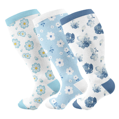 Plusock Plus Size Blue Ink Flower Compression Socks(3 Pairs) - Multicolor - 4XL - image 1