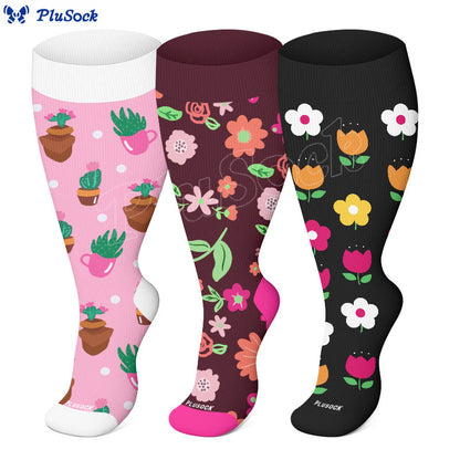 Plusock Plus Size Cactus Flowers Compression Socks(3 Pairs) - image 0