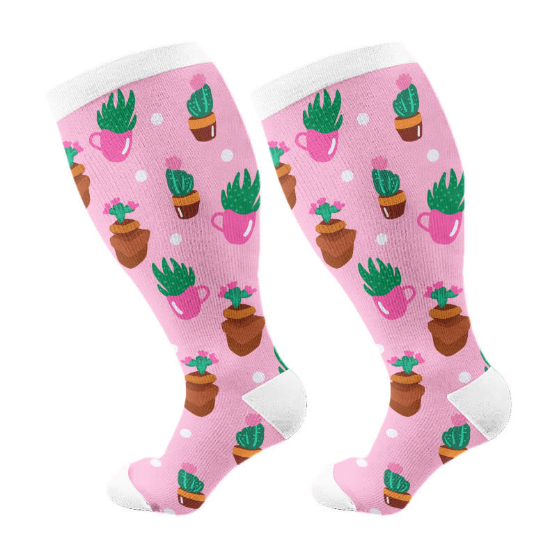 Plusock Plus Size Cactus Flowers Compression Socks(3 Pairs) - Pink(1 Pair) - 4XL - image 5