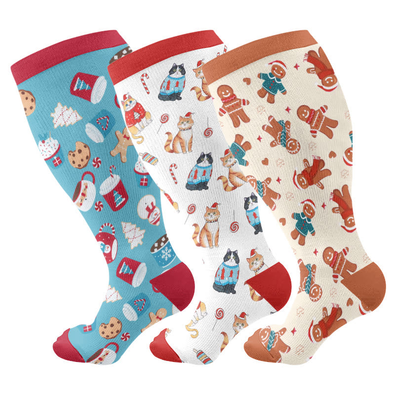 Plusock Plus Size Adorable Christmas Mix Compression Socks(3 Pairs) - Multicolor - 4XL - image 1