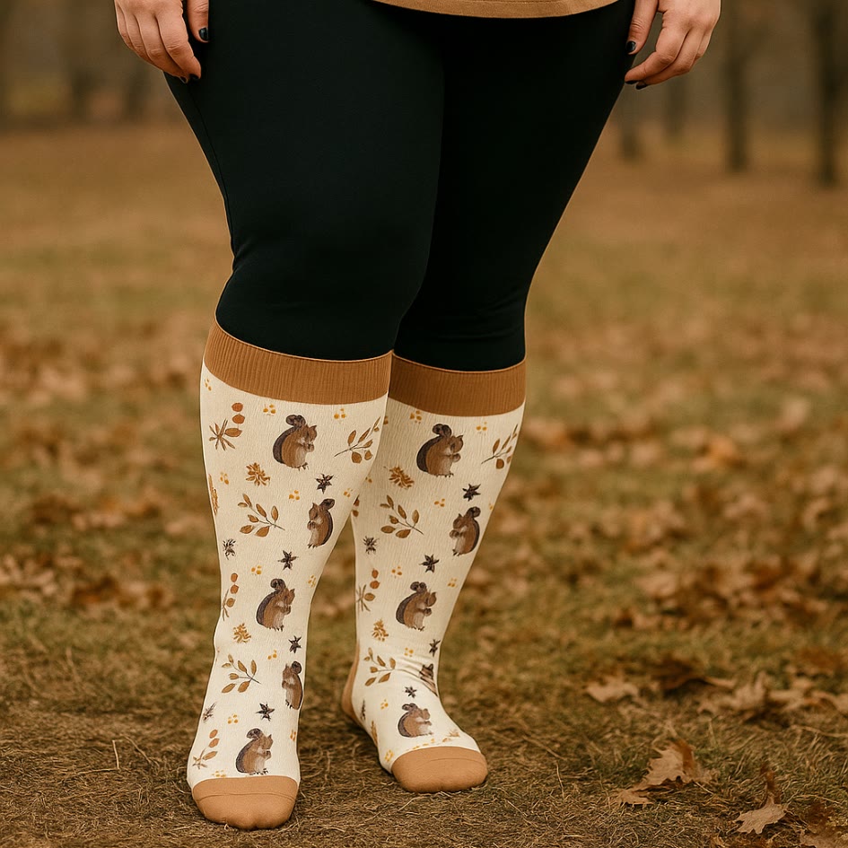 Plusock Plus Size Squirrel Leaf Print Compression Socks(3 Pairs) - image 1