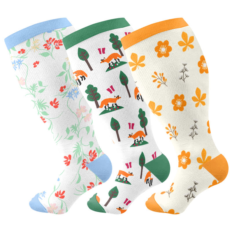 Plusock Plus Size Fox Flower Tree Compression Socks(3 Pairs) - Multicolor - 4XL - image 1