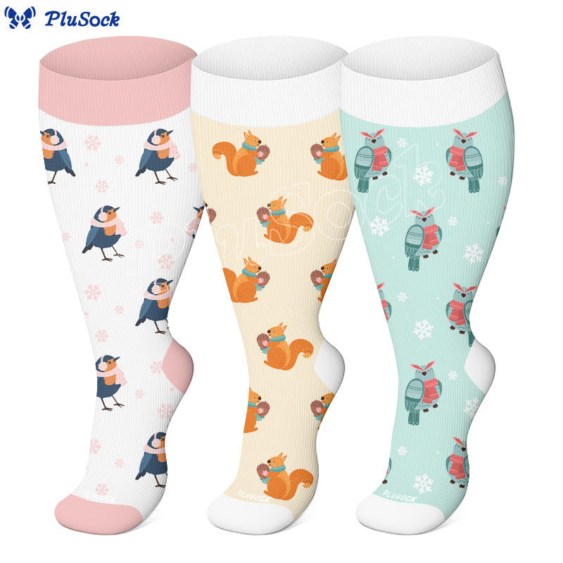 Plusock Plus Size Winter Owl Squirrel Bird Compression Socks(3 Pairs) - image 0