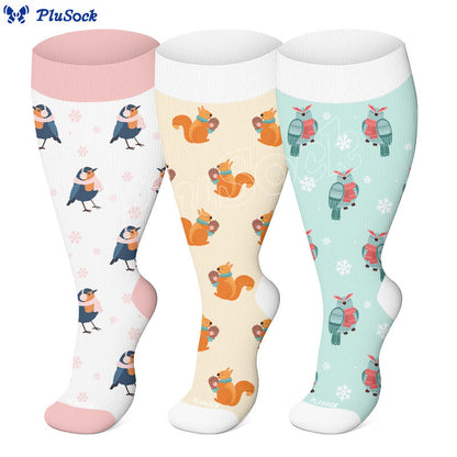 Plusock Plus Size Winter Owl Squirrel Bird Compression Socks(3 Pairs) - image 0