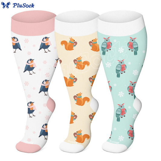 Plusock Plus Size Winter Owl Squirrel Bird Compression Socks(3 Pairs) - image 0