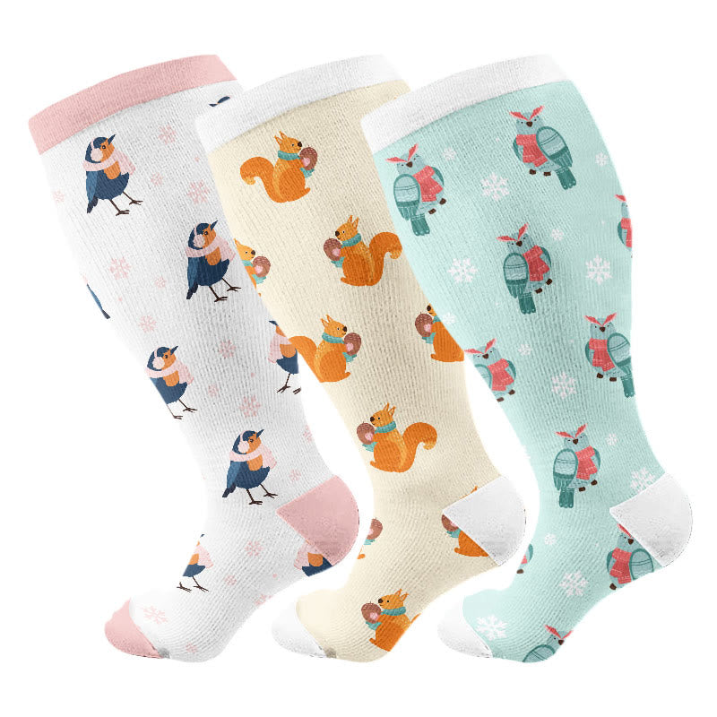 Plusock Plus Size Winter Owl Squirrel Bird Compression Socks(3 Pairs) - Multicolor - 4XL - image 1