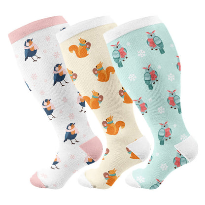 Plusock Plus Size Winter Owl Squirrel Bird Compression Socks(3 Pairs) - Multicolor - 4XL - image 1