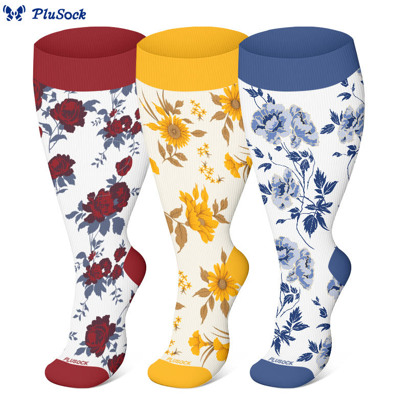 Plusock Plus Size Retro Floral Compression Socks(3 Pairs) - image 0