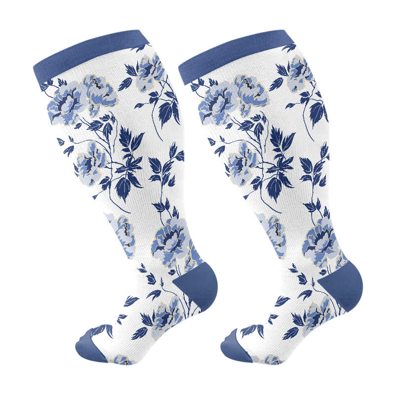 Plusock Plus Size Retro Floral Compression Socks(3 Pairs) - Blue(1 Pair) - 4XL - image 7