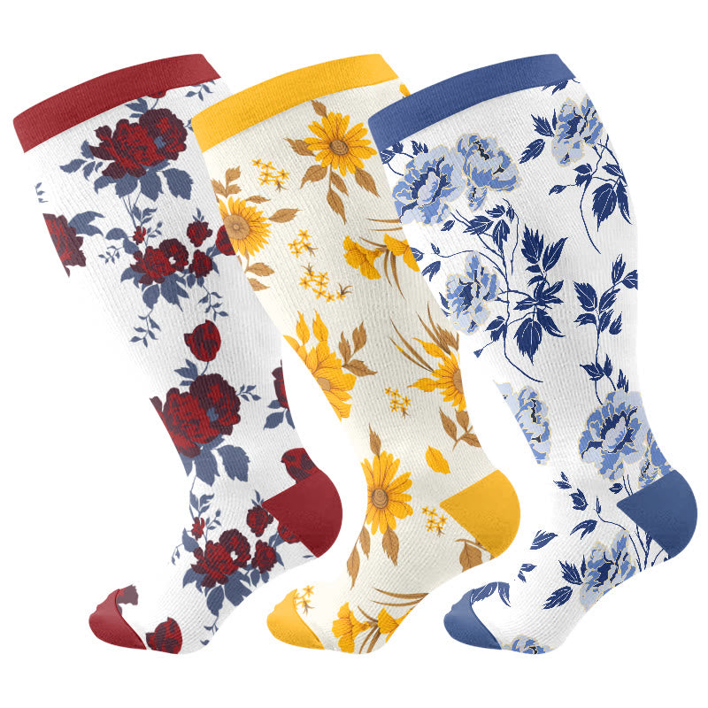 Plusock Plus Size Retro Floral Compression Socks(3 Pairs) - Multicolor - 4XL - image 1