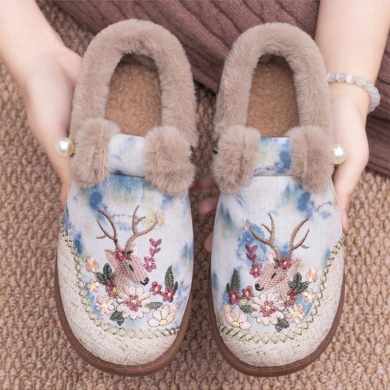 Plusock Plus Size Retro Deer Embroidery Slippers - Green - EU41(US7.5) - image 8