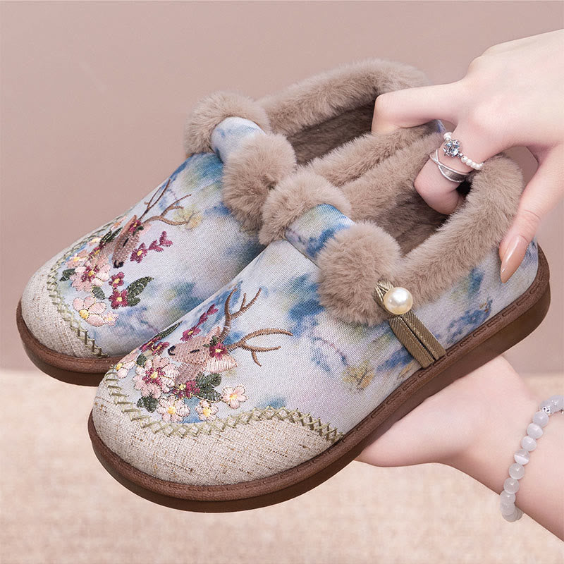 Plusock Plus Size Retro Deer Embroidery Slippers - image 9