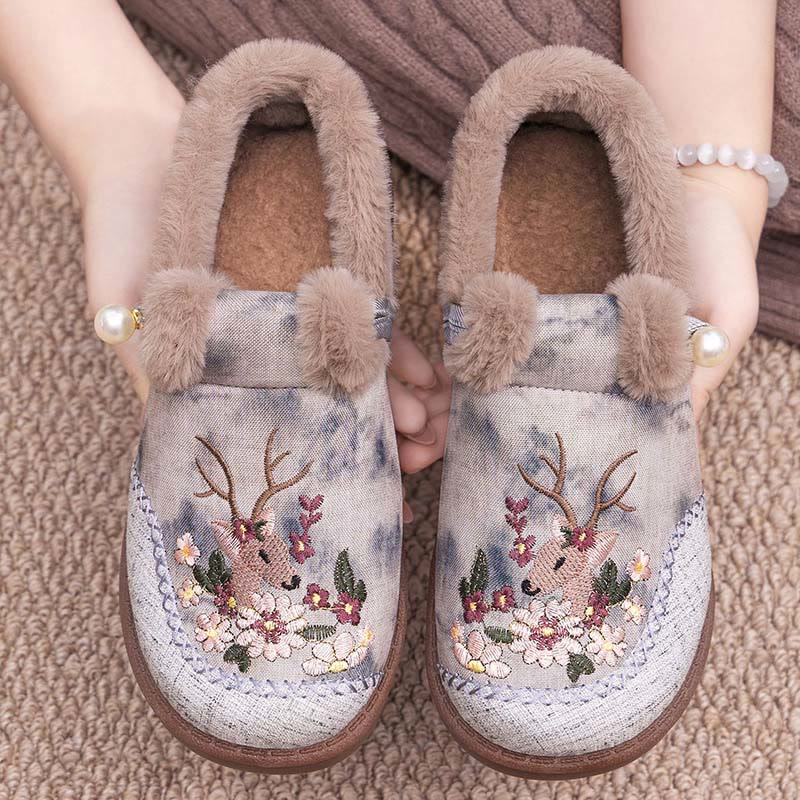 Plusock Plus Size Retro Deer Embroidery Slippers - Grey - EU41(US7.5) - image 6