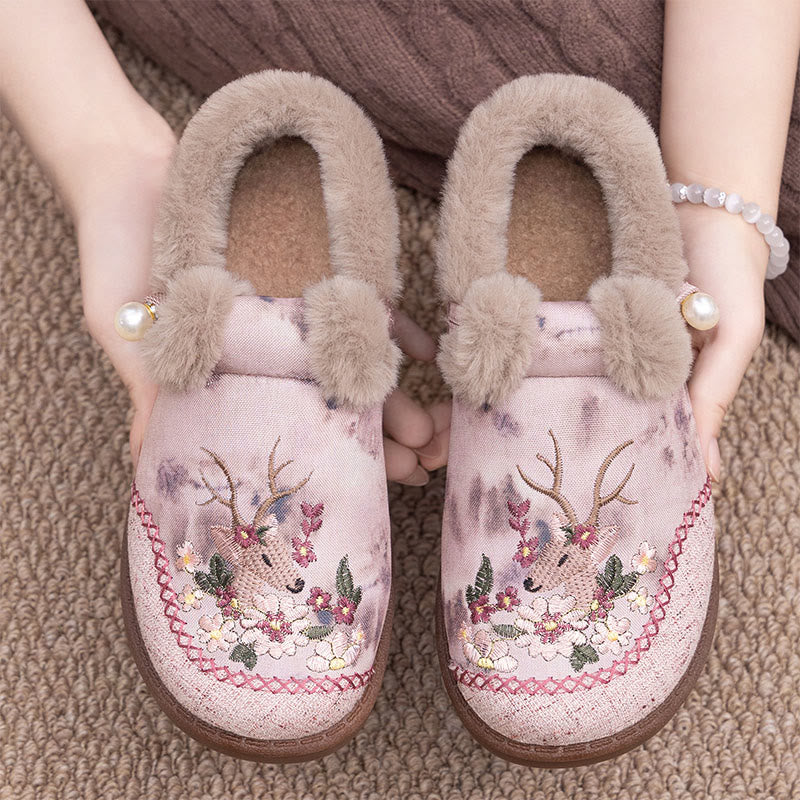 Plusock Plus Size Retro Deer Embroidery Slippers - Pink - EU41(US7.5) - image 7