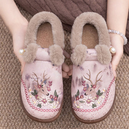 Plusock Plus Size Retro Deer Embroidery Slippers - Pink - EU41(US7.5) - image 7
