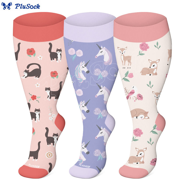 Plusock Plus Size Lovely Unicorn Deer Cat Compression Socks(3 Pairs) - image 0
