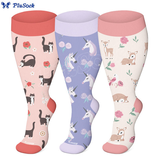 Plusock Plus Size Lovely Unicorn Deer Cat Compression Socks(3 Pairs) - image 0