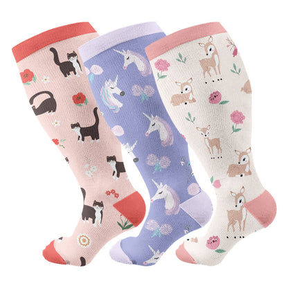 Plusock Plus Size Lovely Unicorn Deer Cat Compression Socks(3 Pairs) - Multicolor - 4XL - image 1