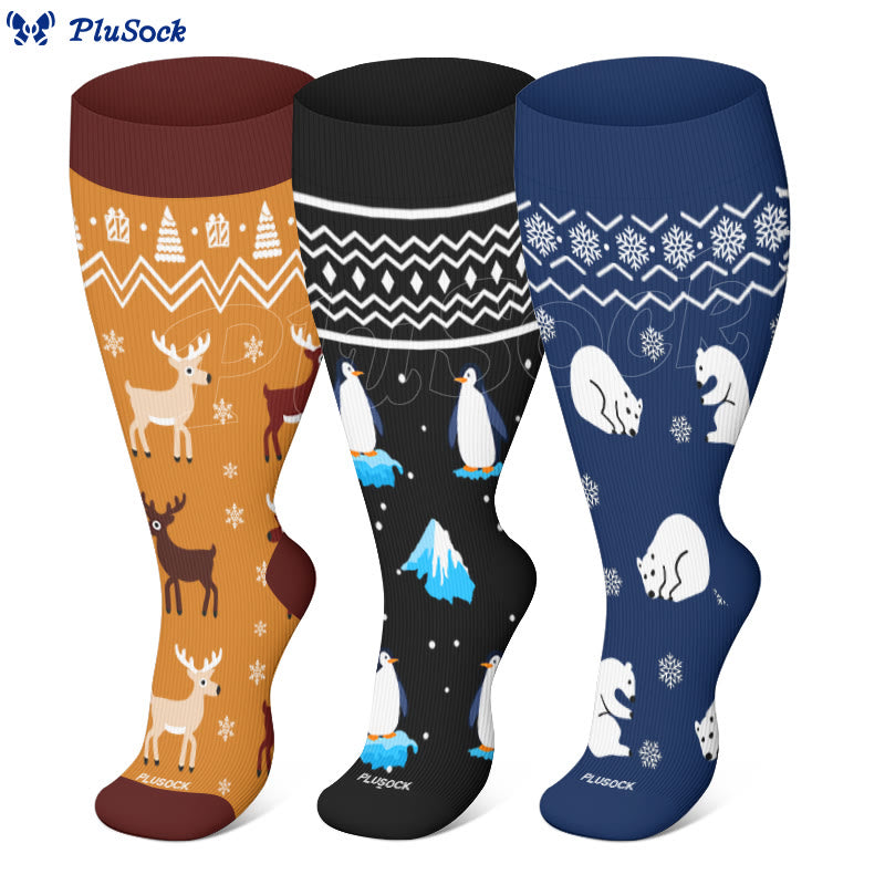 Plusock Plus Size Winter Penguin Polar Bear Compression Socks(3 Pairs) - image 0