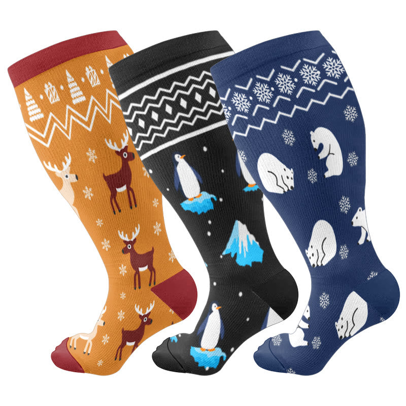 Plusock Plus Size Winter Penguin Polar Bear Compression Socks(3 Pairs) - Multicolor - 4XL - image 1
