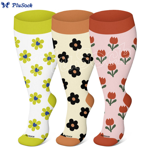 Plusock Plus Size Simple Flowers Compression Socks(3 Pairs) - image 0
