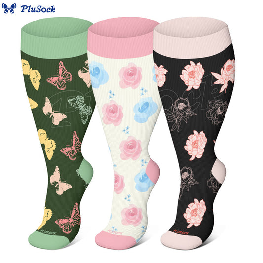 Plusock Plus Size Butterfly Rose Camellia Compression Socks(3 Pairs) - image 0