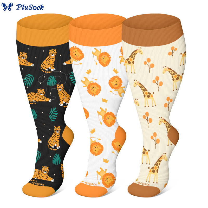 Plusock Plus Size Giraffe Tiger Lion Compression Socks(3 Pairs) - image 0