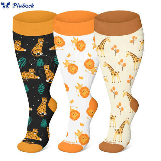 Plusock Plus Size Giraffe Tiger Lion Compression Socks(3 Pairs) - image 0