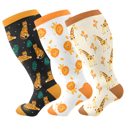 Plusock Plus Size Giraffe Tiger Lion Compression Socks(3 Pairs) - Multicolor - 4XL - image 1