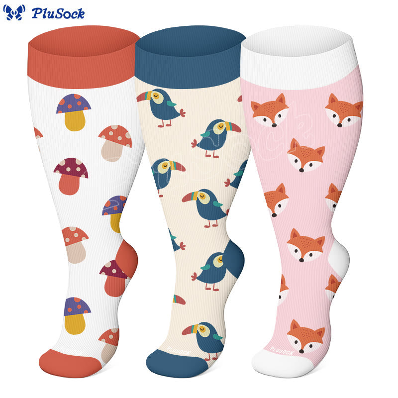 Plusock Plus Size Fox Mushroom Compression Socks(3 Pairs) - image 0