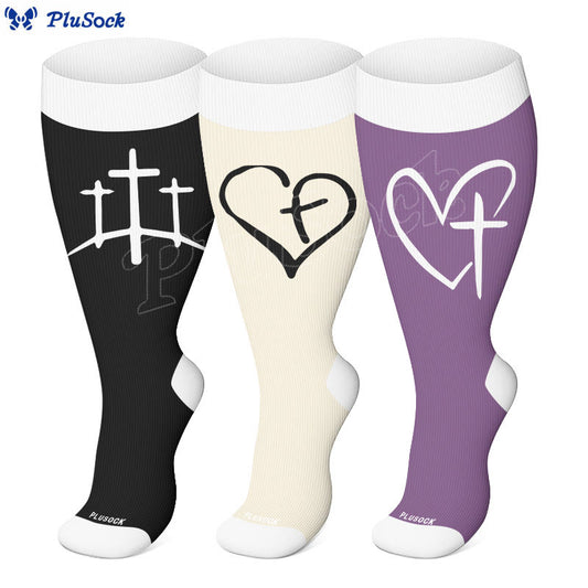 Plusock Plus Size Faith Heart Cross Compression Socks(3 Pairs) - image 0