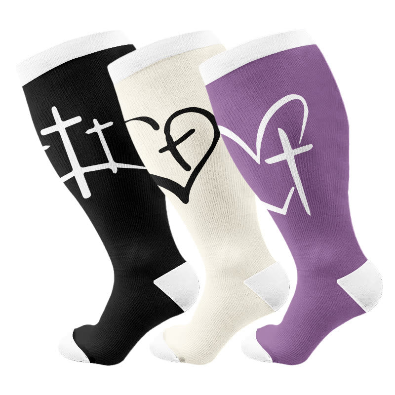 Plusock Plus Size Faith Heart Cross Compression Socks(3 Pairs) - Multicolor - 4XL - image 1