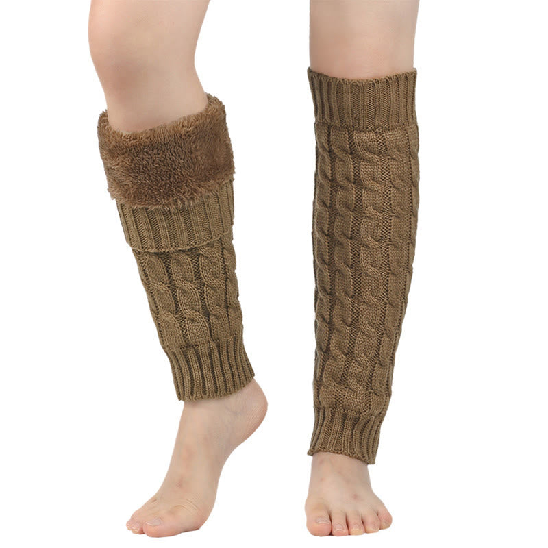 Plusock Knitted Wool Cable Warm Thickened Leg Warmers - Khaki - One Size - image 11