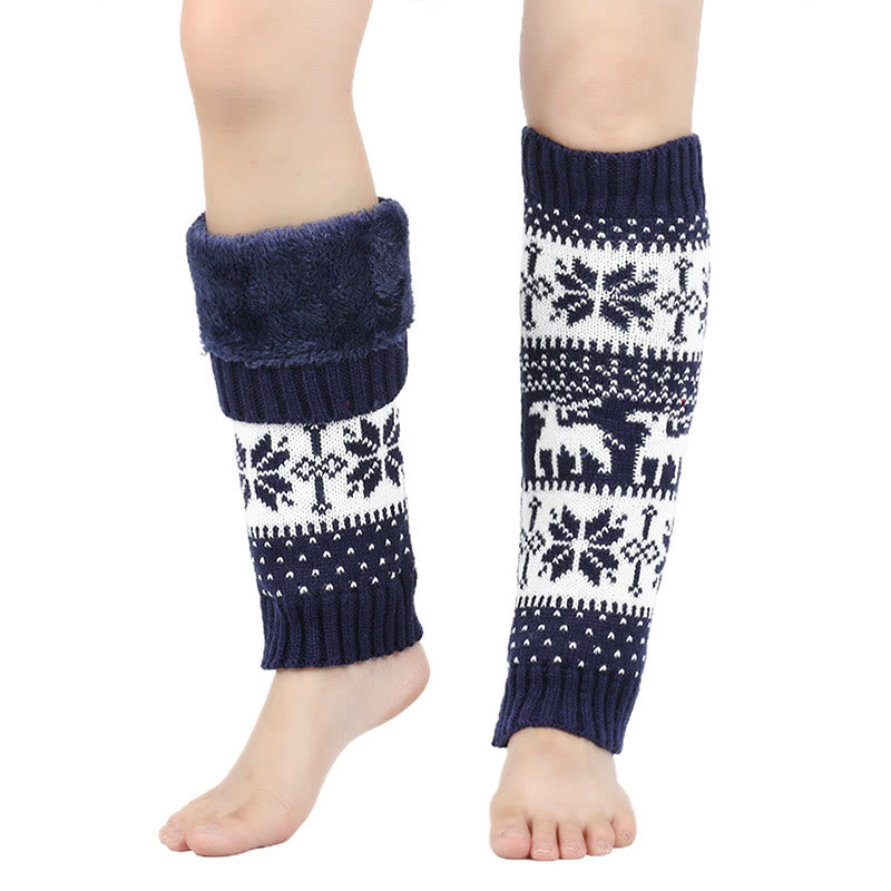 Plusock Knitted Fur Snowflake Deer Leg Warmers - Navy Blue - One Size - image 5