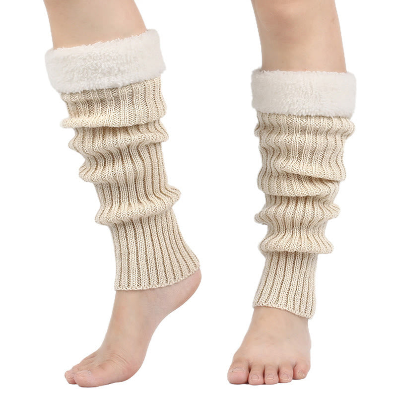 Plusock Knitted Fleece Lined Solid Leg Warmers - Beige - One Size - image 11