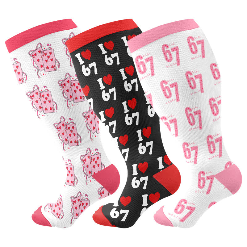 Plusock Plus Size Heart Playing Cards Compression Socks(3 Pairs) - Multicolor - 4XL - image 1