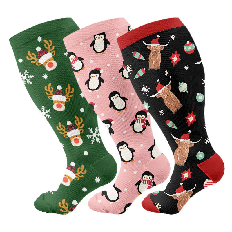 Plusock Plus Size Penguin Deer Cow Compression Socks(3 Pairs) - image 1