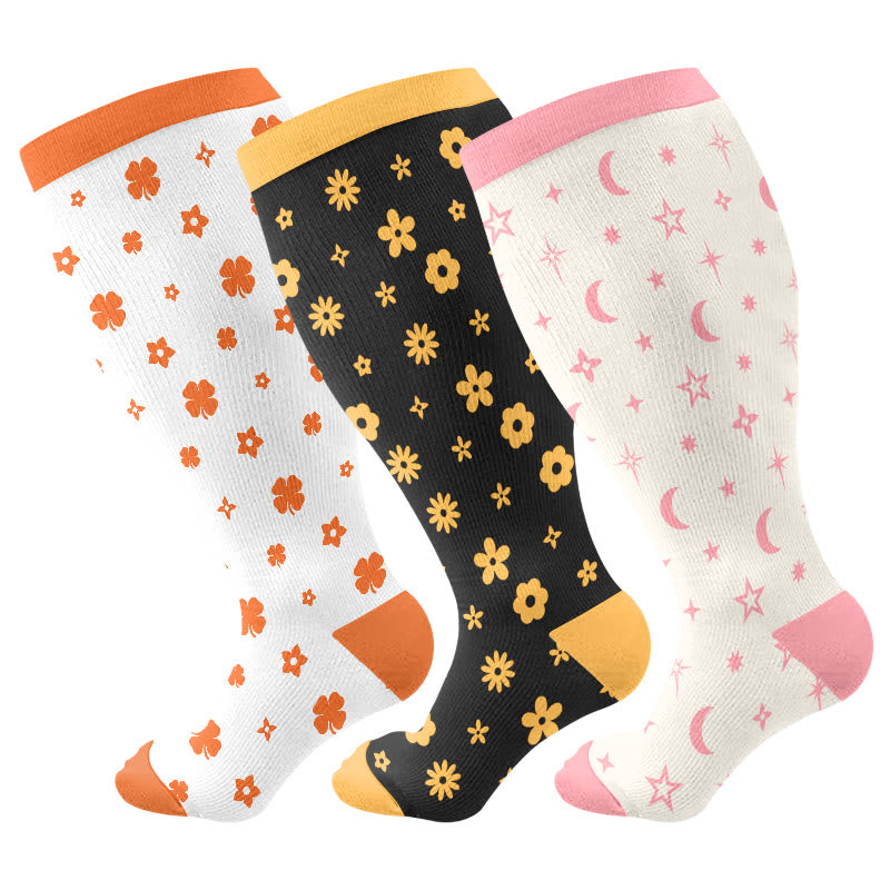Plusock Plus Size Floral Star Compression Socks(3 Pairs) - Multicolor - 4XL - image 1