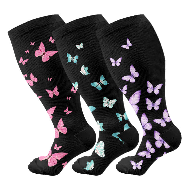 Plusock Plus Size  Butterfly Print Compression Socks(3 Pairs) - Multicolor - 4XL - image 1