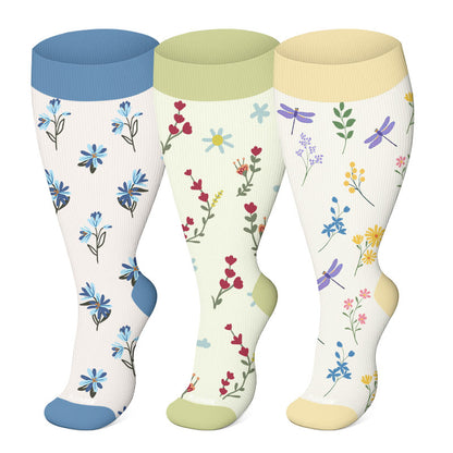 Plusock Plus Size Spring Floral Compression Socks(3 Pairs) - Multicolor - 4XL - image 0