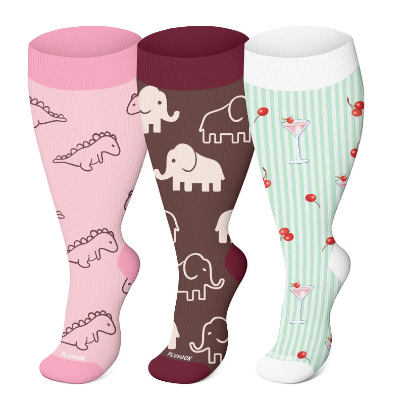 Plusock Plus Size Pink Dino Parade Compression Socks(3 Pairs) - Multicolor - 4XL - image 0