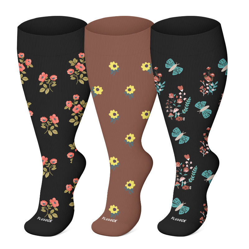 Plusock Plus Size Butterfly Daisy Compression Socks(3 Pairs) - Multicolor - 4XL - image 0
